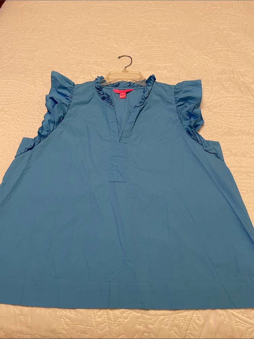 Lilly Pulitzer KLAUDIE Blue Pullover Cotton Ruffle Sleeve & Neckline Top XL